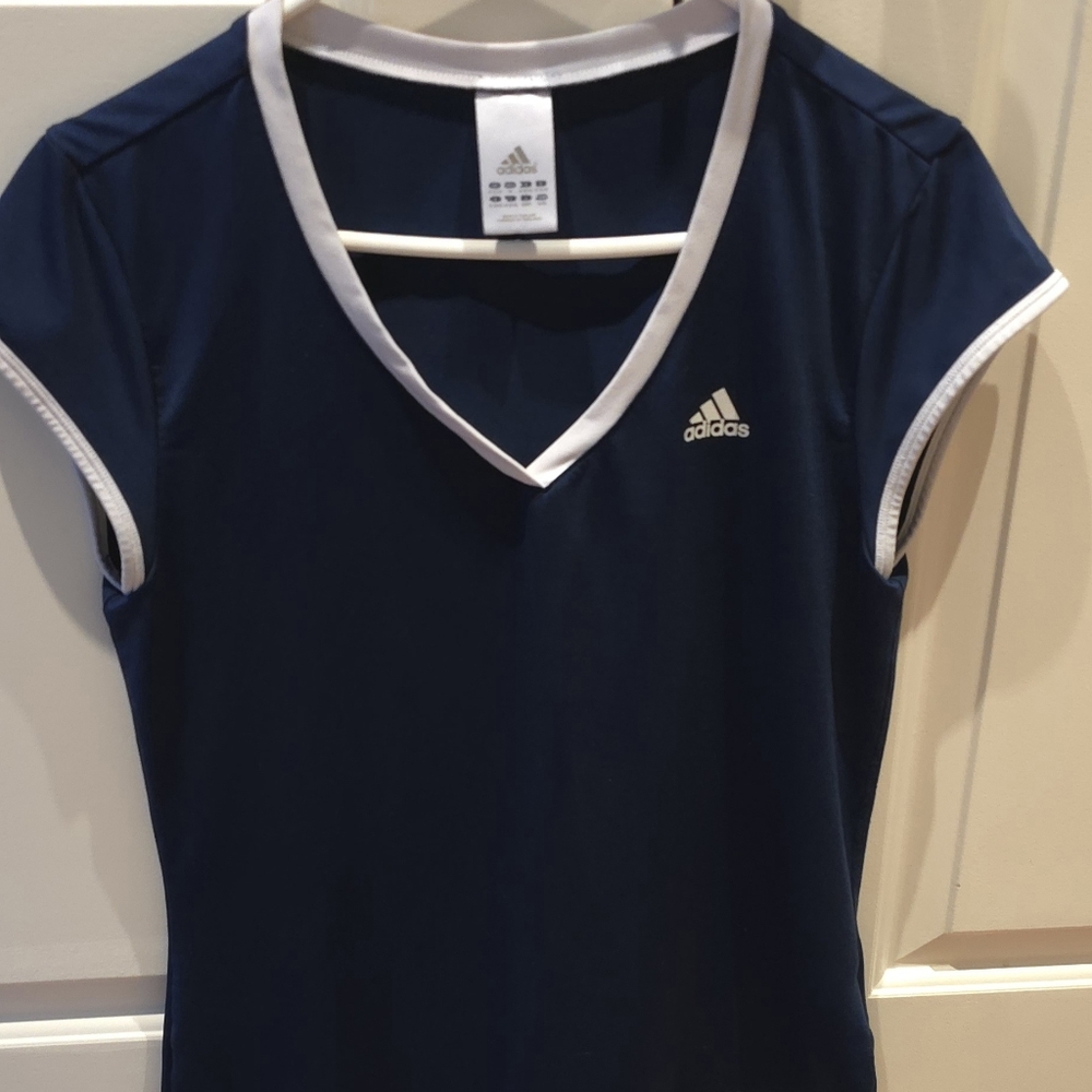 Adidas Dark Blue V-Neck Tee with White Accents